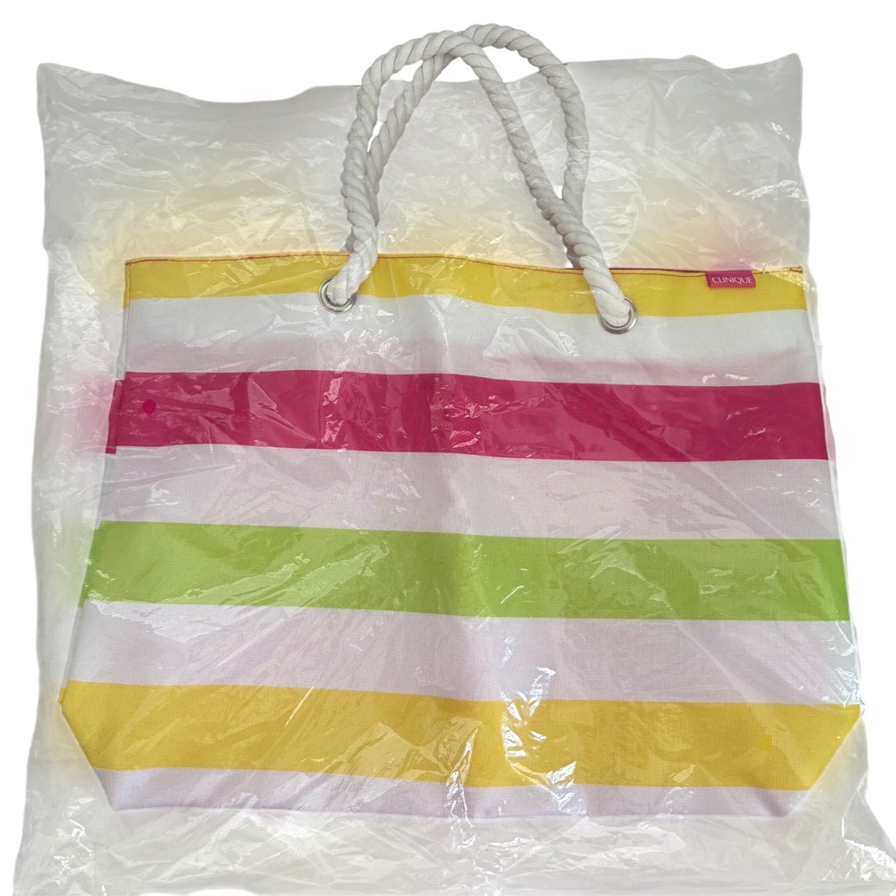 Clinique Striped Beach Tote Bag Multi Color Yellow Pink Green Rope Handle Y2K